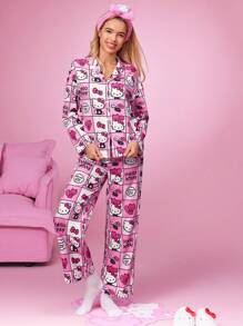 HELLO KITTY AND FRIENDS | SHEIN 秋季粉色格子蝴蝶结猫咪图案基本款可爱风格长袖上衣和长裤睡衣套装秋装 - 粉色 - 查看 4