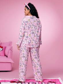 HELLO KITTY AND FRIENDS | SHEIN Conjunto de pijama de camisa de manga larga y pantalones con estampado de estrellas y lazos rosas, de corte holgado, informal y lindo, para el otoño - Multicolor - Ver 2