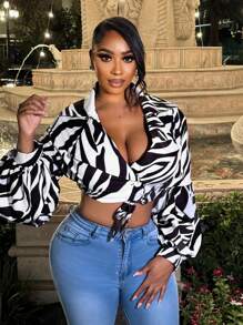 Zolique 女士服装 Sumeer 休闲干净合身黑白斑马纹裙子系带 V 领夸张灯笼袖衬衫 - 黑與白 - 查看 5