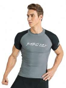 SABOLAY Boyfriend Style Men's Tight-Fit Quick Dry Sun Protection Rash Guard Shirt For Outdoor Surfing Sports Summer Swimming,Beach Short Sleeve Swim Top RecomBoyfriend Style Mend Buying A Size Up - Grey - View 5