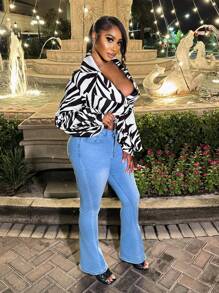 Zolique 女士服装 Sumeer 休闲干净合身黑白斑马纹裙子系带 V 领夸张灯笼袖衬衫 - 黑與白 - 查看 7