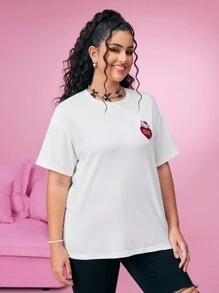 HELLO KITTY AND FRIENDS | SHEIN Große Größen Y2K Streetstyle Süßer Herz-, Schleife- und Katz-Muster Weißes Kurzarm T-Shirt, Lässiger Herbst - Weiss - Übersicht 8