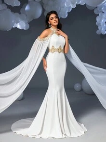 Faeriesty Vintage Romance Mermaid Gown With Golden Lace Embroidery & Dramatic Chiffon Cape Sleeves | Elegant Dress For Black Tie Events, Cannes Film Festival Red Carpets, Or Royal Gala Parties - White - View 9