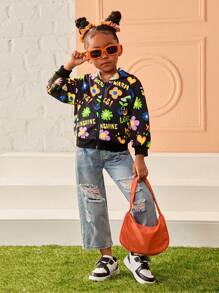 SHEIN Young Girl Graffiti Print Hooded Loose Casual Jacket