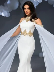 Faeriesty Vintage Romance Mermaid Gown With Golden Lace Embroidery & Dramatic Chiffon Cape Sleeves | Elegant Dress For Black Tie Events, Cannes Film Festival Red Carpets, Or Royal Gala Parties - White - View 7