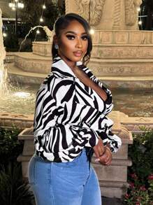 Zolique 女士服装 Sumeer 休闲干净合身黑白斑马纹裙子系带 V 领夸张灯笼袖衬衫 - 黑與白 - 查看 6