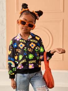 SHEIN Young Girl Graffiti Print Hooded Loose Casual Jacket