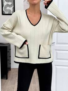 RueChic Women V-Neck Rib Knit Pocket Stripe Detailed Drop Shoulder Pullover - Beige - View 2