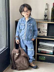 Boys' Casual Multi-Pocket Letter Print Jacket And Denim Jeans Set