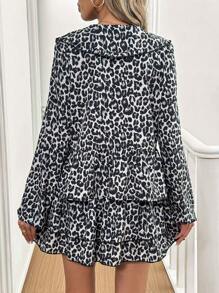 SHEIN LUNE 2pcs Women's Leopard Print Long Sleeve Top & Mini Skirt Set (Assorted Patterns) - Khaki - View 2
