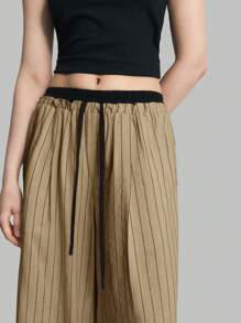 Ontre 2025 New Women Casual Striped Print Drawstring Waist Pants, Black Contrast Trim, Everyday Wear, Spring/Summer - Khaki - View 6