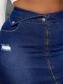 Slaydiva Minifalda vaquera informal con cremallera delantera slim y rasgada para tallas grandes en verano - Azul lavado oscuro - Ver 6