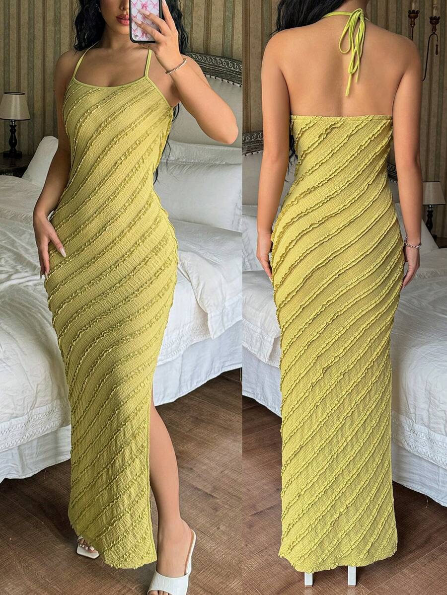 Chiquease Vestido ajustado sin mangas con tirantes espagueti, escote descubierto en la espalda y rizo con dobladillo de volante de malla 3D, para mujer - Verde - Ver 1