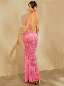 L'Amorae Plunge Neck Low Back Ruched Sheer Lace Halter Neck Dress - Hot Pink - View 5