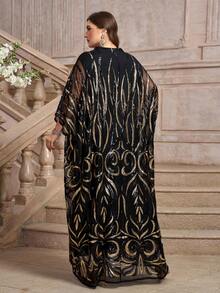 Plus Size Women's Sequin Contrast Color Long Sleeve Arabic Style Clothing - Black - View 2