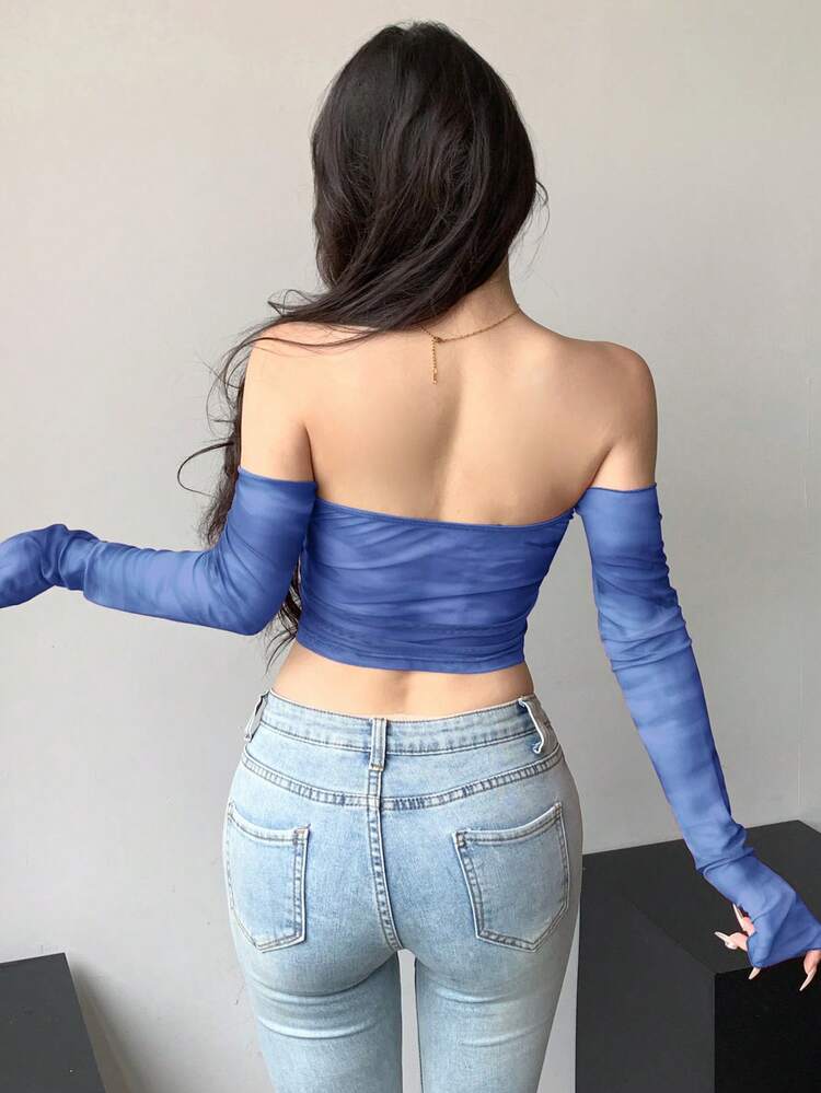 Tie Dye Sheer Mesh Off Shoulder Cropped Blouse For Women Going Out Tops Festival Summer,Back To School Clothes Long Sleeve Women Tops