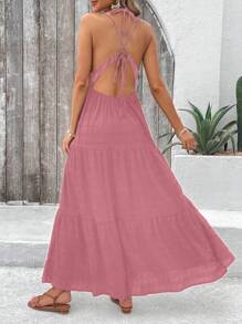 SHEIN LUNE Váy trơn có họa tiết buộc dây màu trơn dành cho nữ dành cho kỳ nghỉ - Bụi hồng - Xem 3