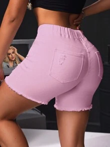 SHEIN Tall Women's Ripped Frayed Edge Pocket Drawstring Waist Denim Shorts - Pink - View 3