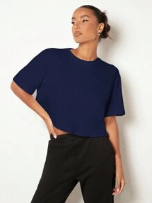 SHEIN BASICS Drop Shoulder Solid 100% Cotton Crop Tee - Navy Blue - View 5