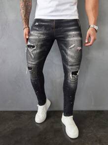 Manfinity LEGND Men's Black Denim Vintage Distressed Color Block Skinny Jeans - Black - View 3