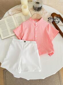 SHEIN Chàng trai trẻ Giải trí Màu thuần Đứng cổ áo Ngắn tay Áo sơ mi Và Dệt Bộ quần short - Nhiều màu - Xem 5