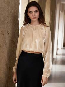 SHEIN Privé 亮面面料褶皱下摆泡泡袖长袖衬衫 - 淺粉色 - 查看 5