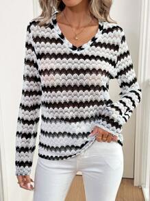 SHEIN LUNE Áo thun nữ dài tay đơn giản Colorblock - Đen và trắng - Xem 4