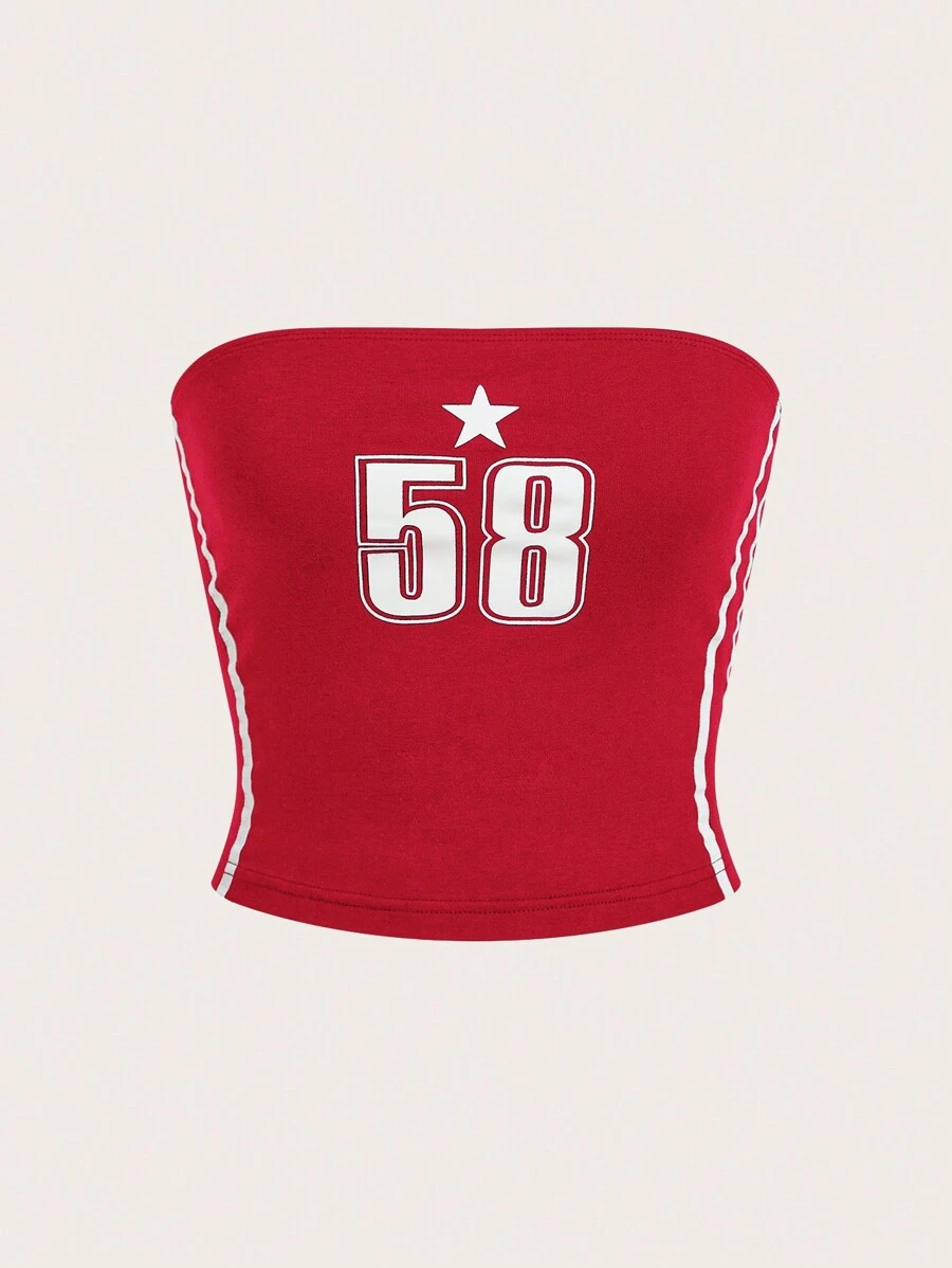 SHEIN EZwear 女士 撞色边饰字母印花抹胸上衣 - 紅白色 - 查看 1