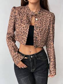 StreetHx Leopard Print Long Sleeve Button-Front Short Casual Jacket Fall Cloth For Women - Brown - View 7