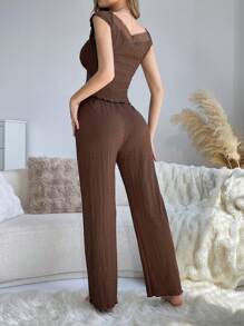 DUSKBASE Lace Patchwork V-Neck Tie Front Jacquard Short Sleeve Top And Pants Set Lounge Set - Coffee Brown - View 2