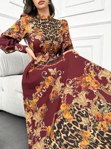 Modelyn Burgundy Red Women's Printed Single-Breasted Long Sleeve Arabic Style Dress Long Evening Dresses