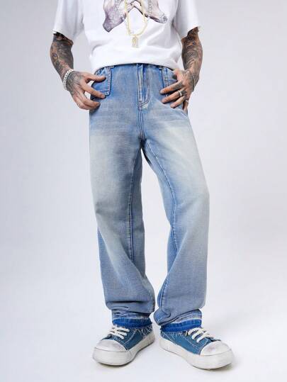 Manfinity Denimwave Jeans rectos de ajuste relajado de mezclilla azul claro vintage para hombre, pantalones cargo lavados lisos de jeans claros, regalo para esposo o novio