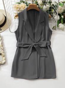 Mulvari Women's Solid Color Notched Collar Vest And Wide Leg Pants Casual Suit, Summer 2 Piece Set