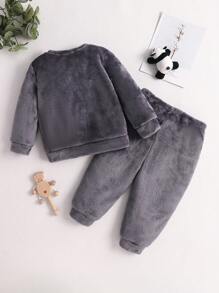 SHEIN 婴儿/幼儿男孩 2 件毛绒熊猫刺绣长袖衬衫和裤子睡衣套装，适合日常家居穿着，秋冬季 - 灰色 - 查看 2