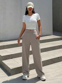 DAZY 女士交叉腰带阔腿休闲裤 夏季 - 卡其色 - 查看 4