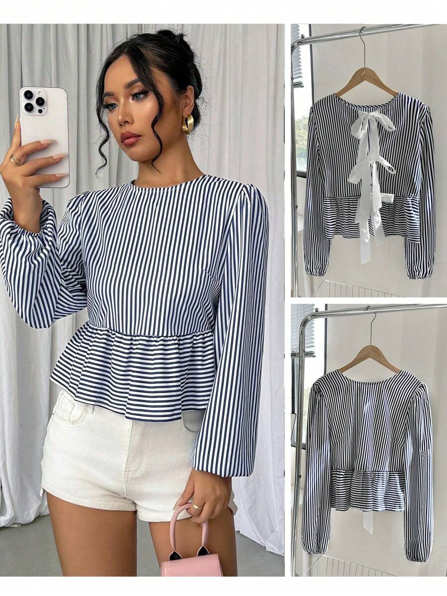 Elenzga Women's Spring/Summer Loose Striped Shirt With Knotted Back, Ruffled Hem And Long Sleeves,Long Sleeve Tops - Navy Blue - View 1