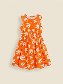 THE HAPPY LOOK 青少年女孩海鸥印花橙色编织棉质无袖休闲收腰度假连衣裙，春夏 - 橘色 - 查看 1