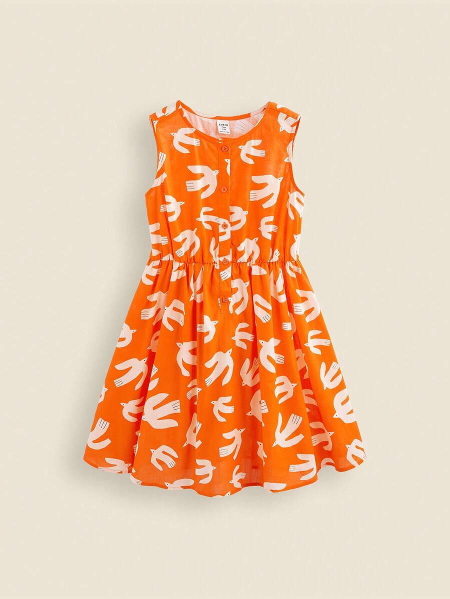 THE HAPPY LOOK 青少年女孩海鸥印花橙色编织棉质无袖休闲收腰度假连衣裙，春夏 - 橘色 - 查看 1