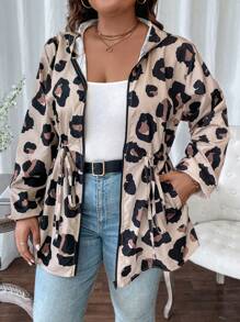 SHEIN LUNE Women's Plus Size Long Sleeve Leopard Print Hooded Casual Jacket With Drawstring Waist For Autumn & Winter Fall - Multicolor - View 3