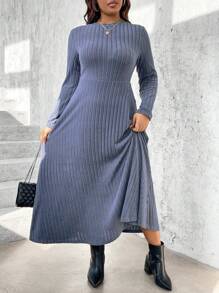 SHEIN LUNE Vestido de punto acanalado de unicolor simple de uso diario para mujer de talla grande - Azul - Ver 4