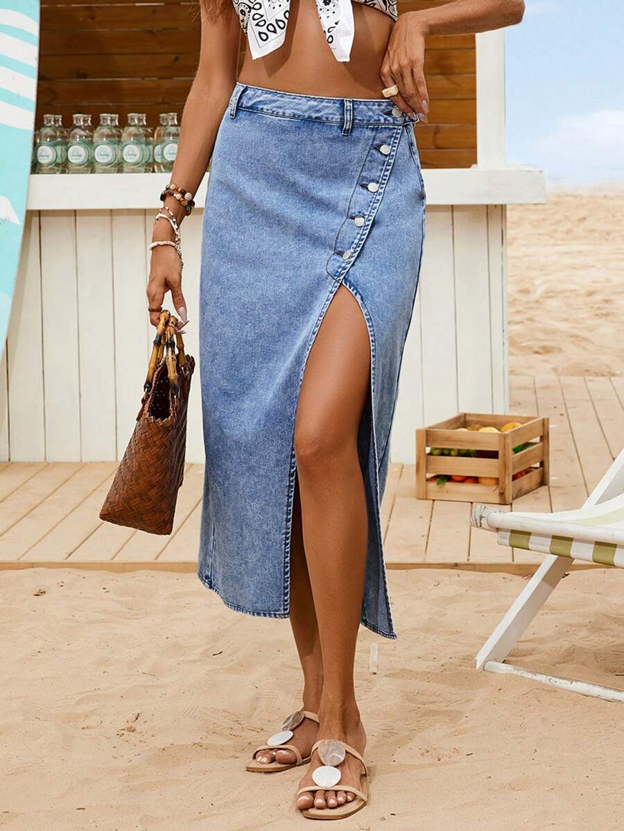 EMERY ROSE 女士前扣开衩牛仔 A 字裙，休闲/度假