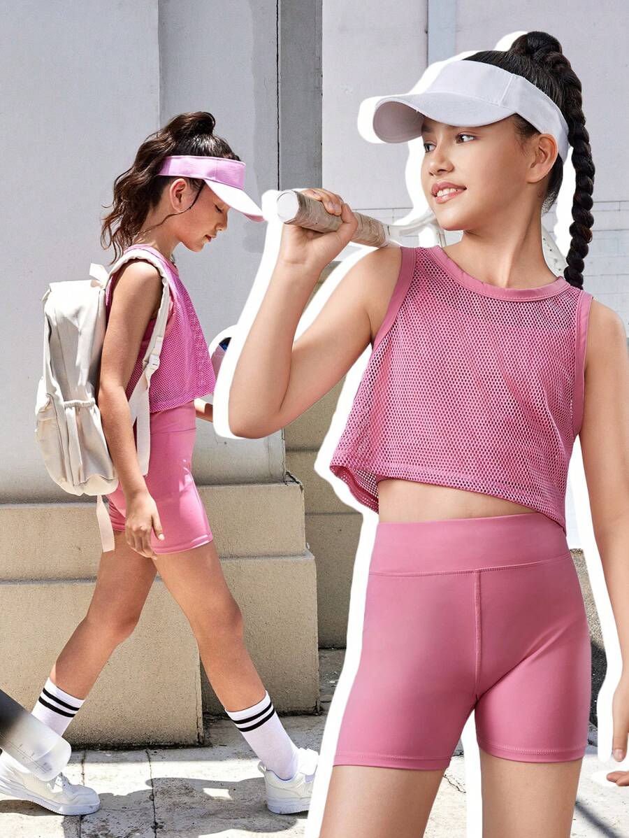 SHEIN 3 chiếc Tween Girls Áo dệt kim rắn & Áo ba lỗ lưới & Quần short thường ngày - Hồng - Xem 1