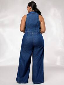 SHEIN SXY Plus Size V-Neck Sleeveless Single-Breasted Belted Pockets Straight Loose Casual Chic Denim Overall Jumpsuit