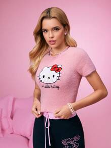 HELLO KITTY AND FRIENDS | SHEIN Pink Embroidered Cartoon Pattern Fluffy Knit Top - Pink - View 5