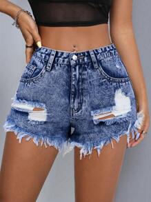 SHEIN PETITE Summer Distressed Raw Hem Denim Shorts