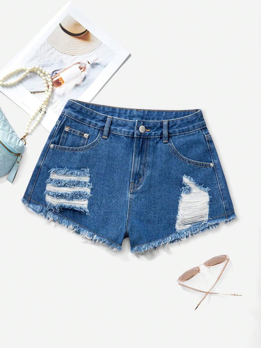 SHEIN EZwear Shorts vaqueros rotos sencillos y lisos para mujer - Azul lavado medio - Ver 1
