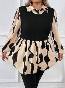 SHEIN CURVE+ Plus Graphic Print Lantern Sleeve 2 In 1 Peplum Top