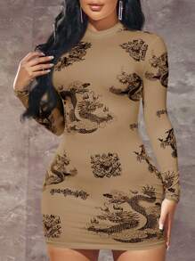 SHEIN SXY Vestido de manga larga con cuello redondo y estampado de dragón para mujer
