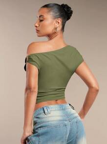 SHEIN BAE Women's Solid Color Ruched Asymmetric Shoulder Summer Blouse - Army Green - View 2