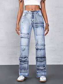 SHEIN ICON Women's Casual Straight-Leg Jeans With Multiple Pockets